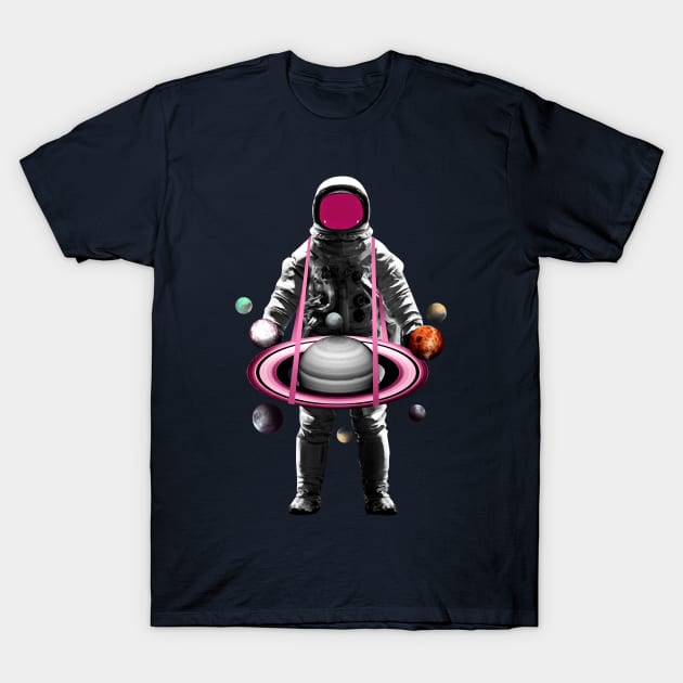 Astronaut Holding Planets T-Shirt by RJ-Creative Art